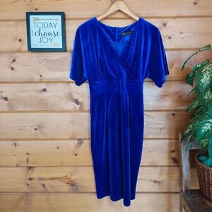 GownTown Retro 50s Look Surplice Blue Dress Velvet Velour Party Stretch Size Med